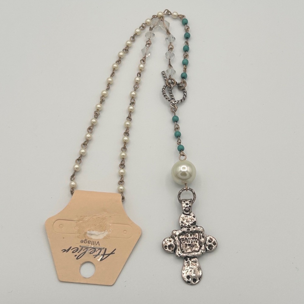 Atelier Village Cross Faith Faux Pearl Turquoise Necklace